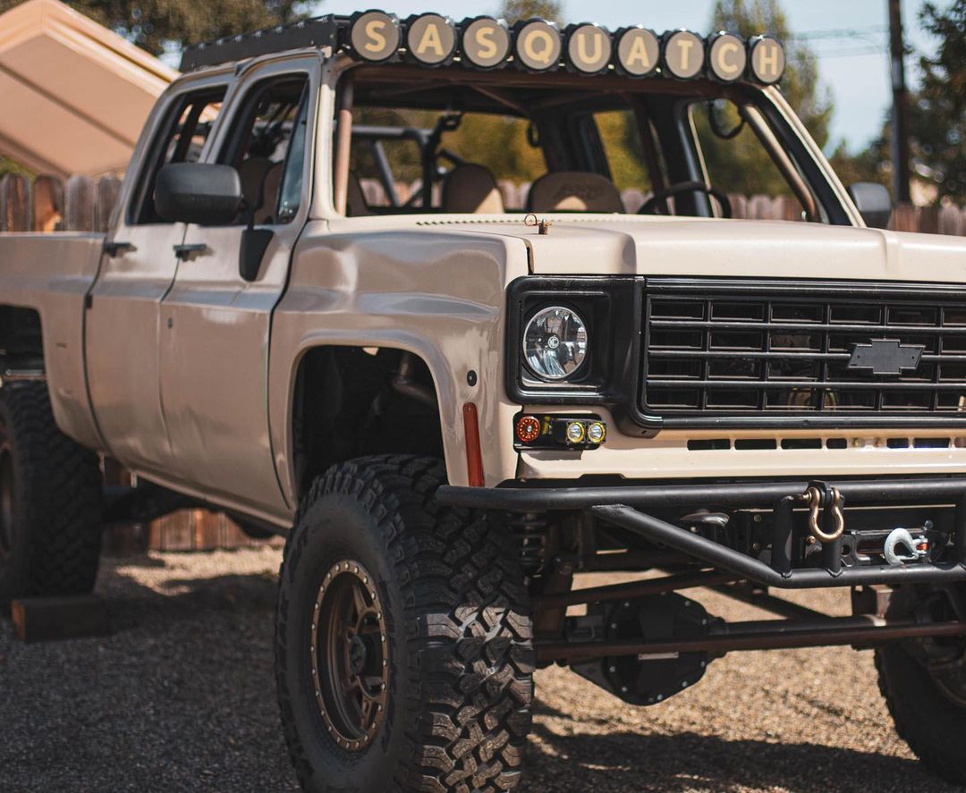 Square body Chevy K30 Crew Cab prerunner with a long travel suspension
