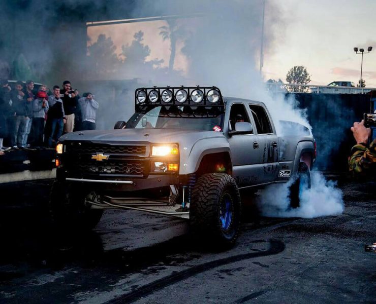 Chevy Silverado prerunner burnout at hoonigan garage