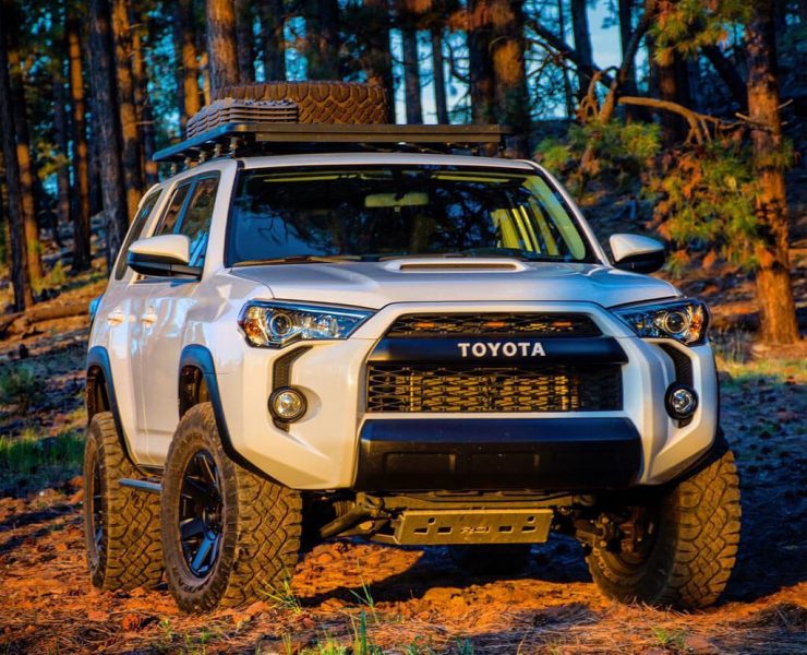 White Toyota 4Runner Trail Edition with special bumper and skid plate