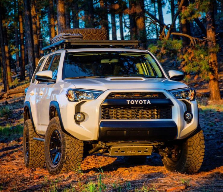 White Toyota 4Runner Trail Edition with special bumper and skid plate