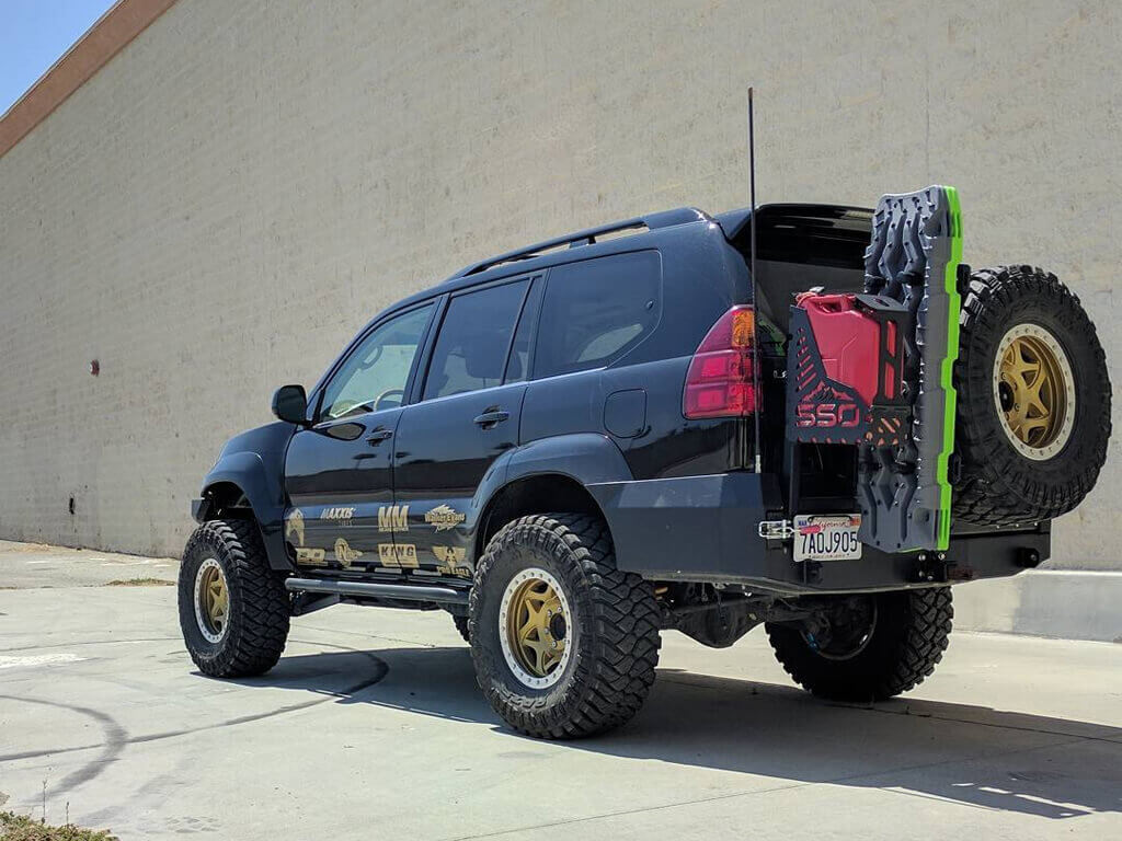 Lexus GX470 with Southern Style Offroad rear plate bumper, tire carrier, fuel can holder and custom TRED Pro Recovery ramp holder