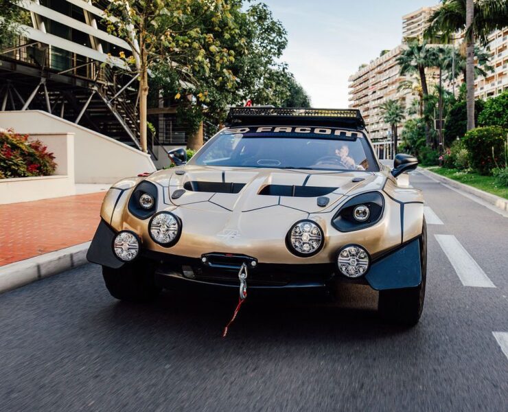 Alpine A110 Safari build front view showing front-mounted winch on Monaco streets