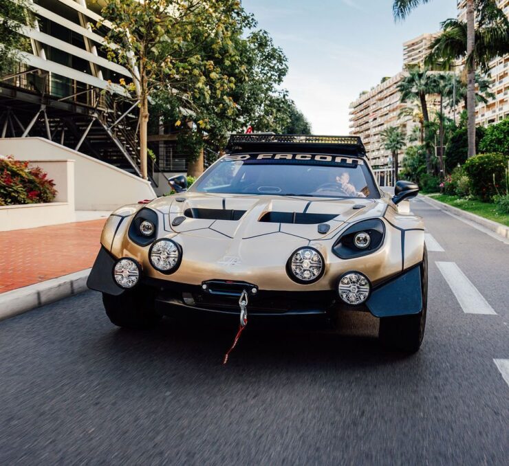 Alpine A110 Safari build front view showing front-mounted winch on Monaco streets