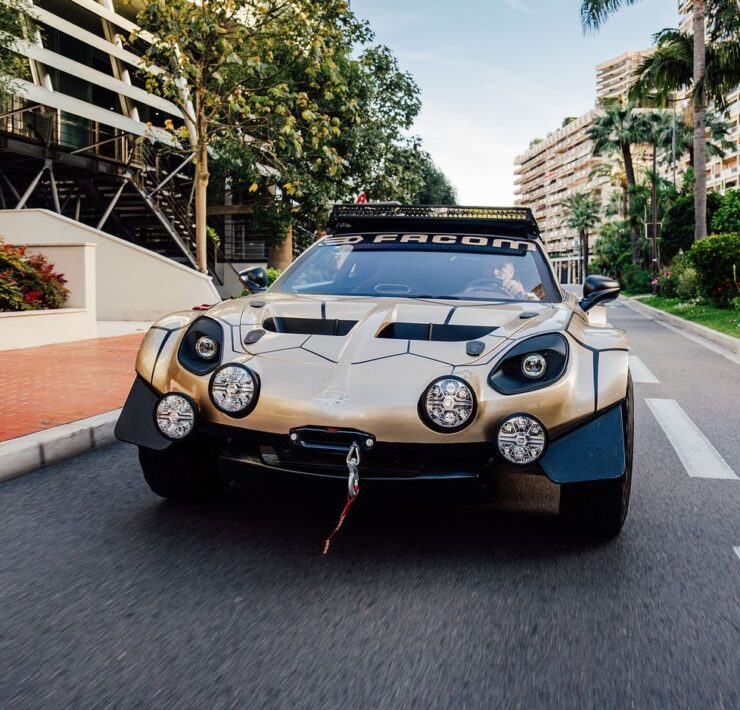 Alpine A110 Safari build front view showing front-mounted winch on Monaco streets