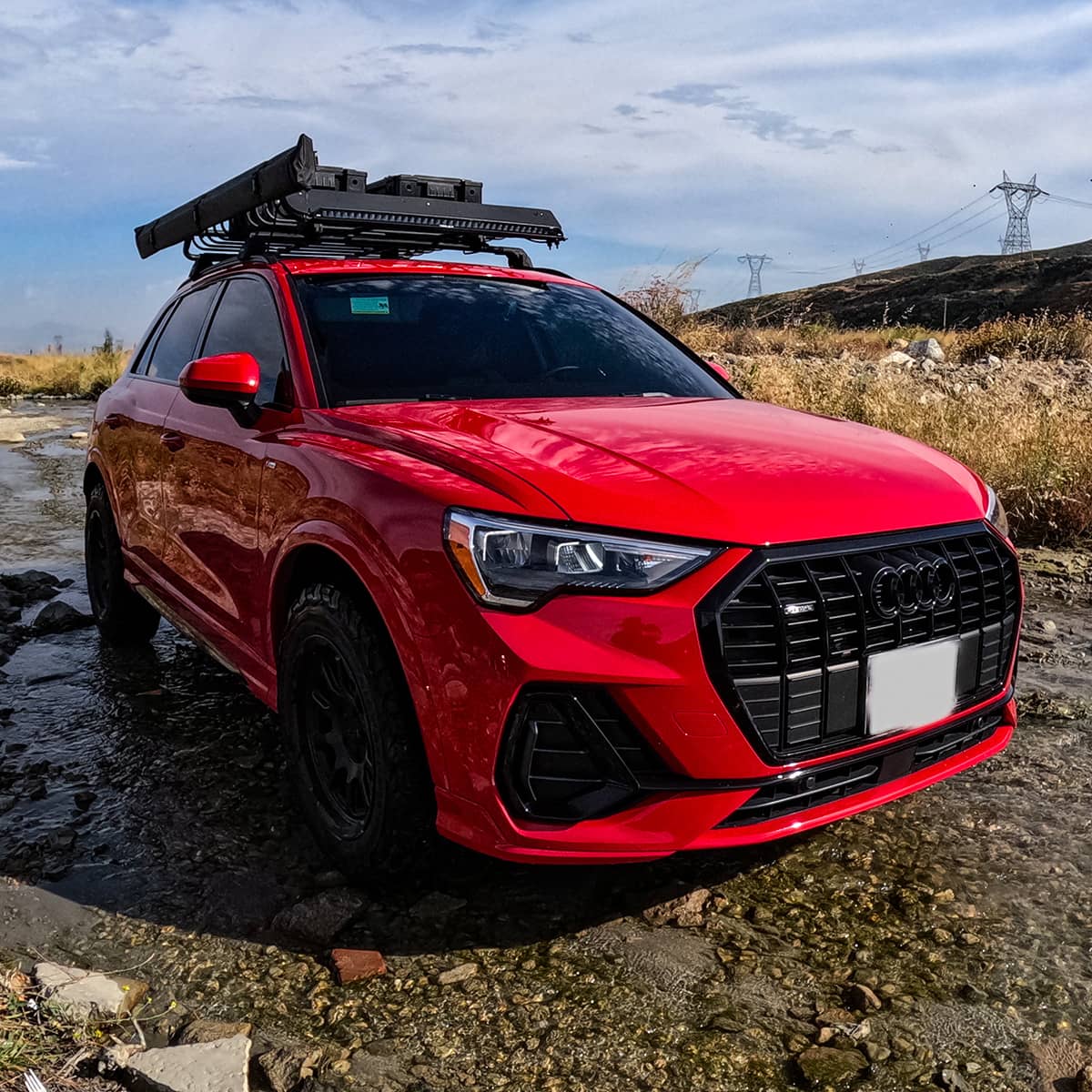 2022 Audi Q3 S-line overland build with Cargo basket roof rack and side awning