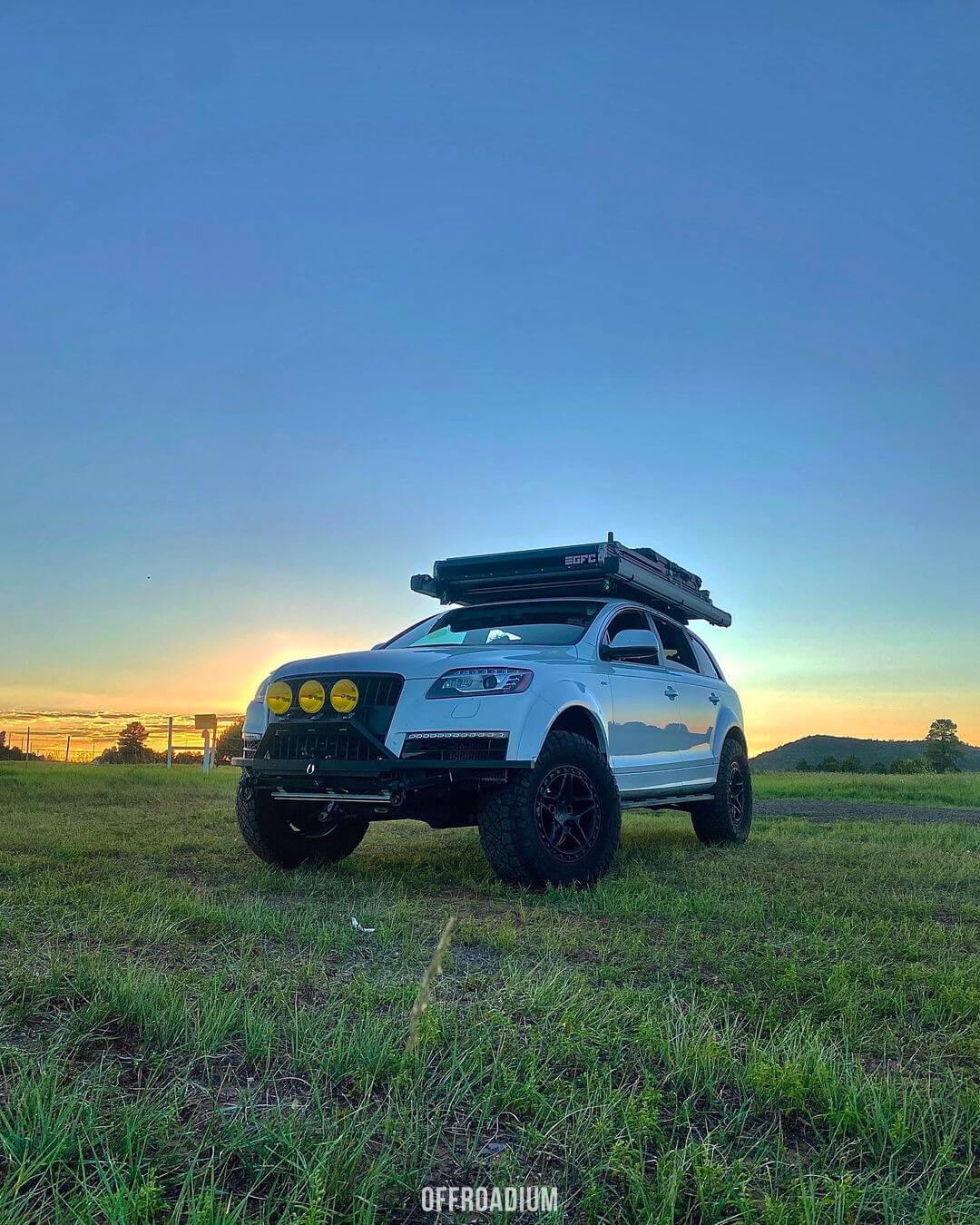 Lifted Audi Q7 with a roof rack and offroad mods