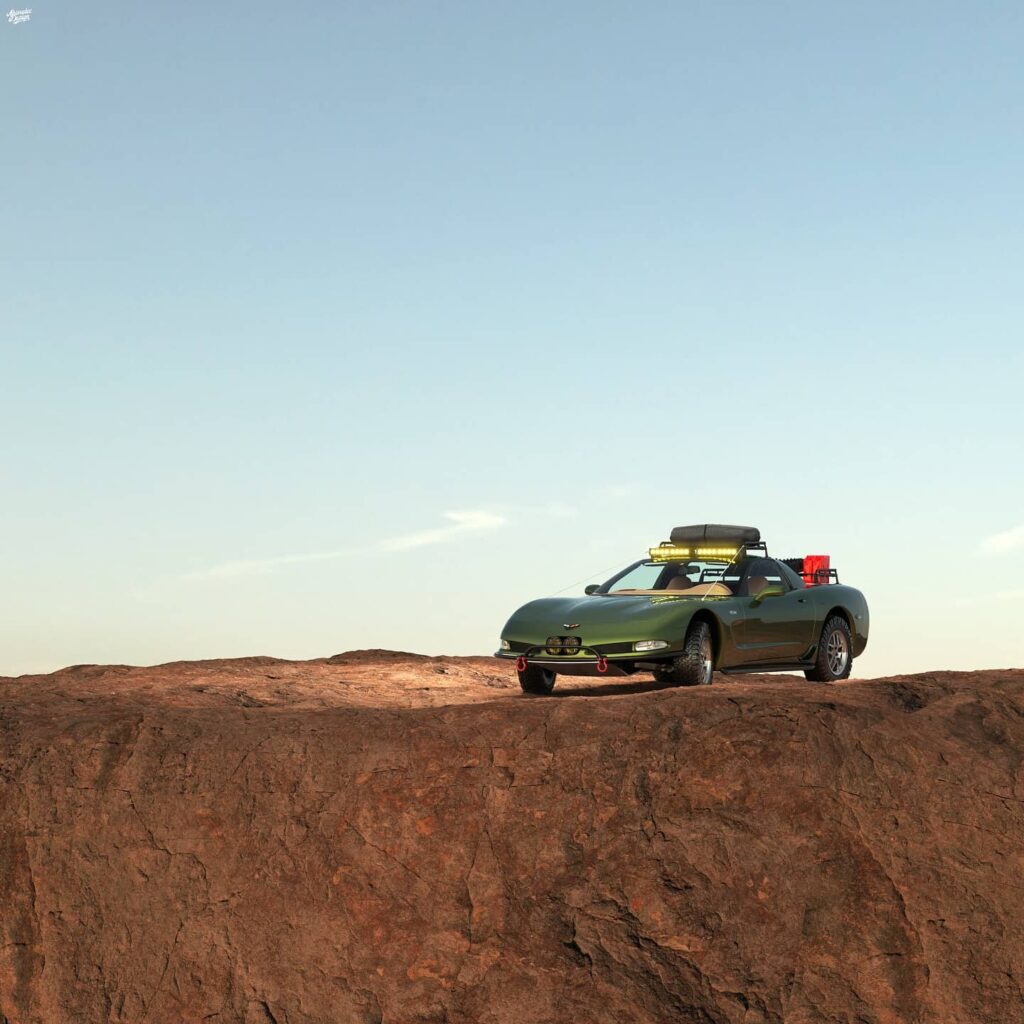 Render off-road driving in a Chevy Corvette Safari