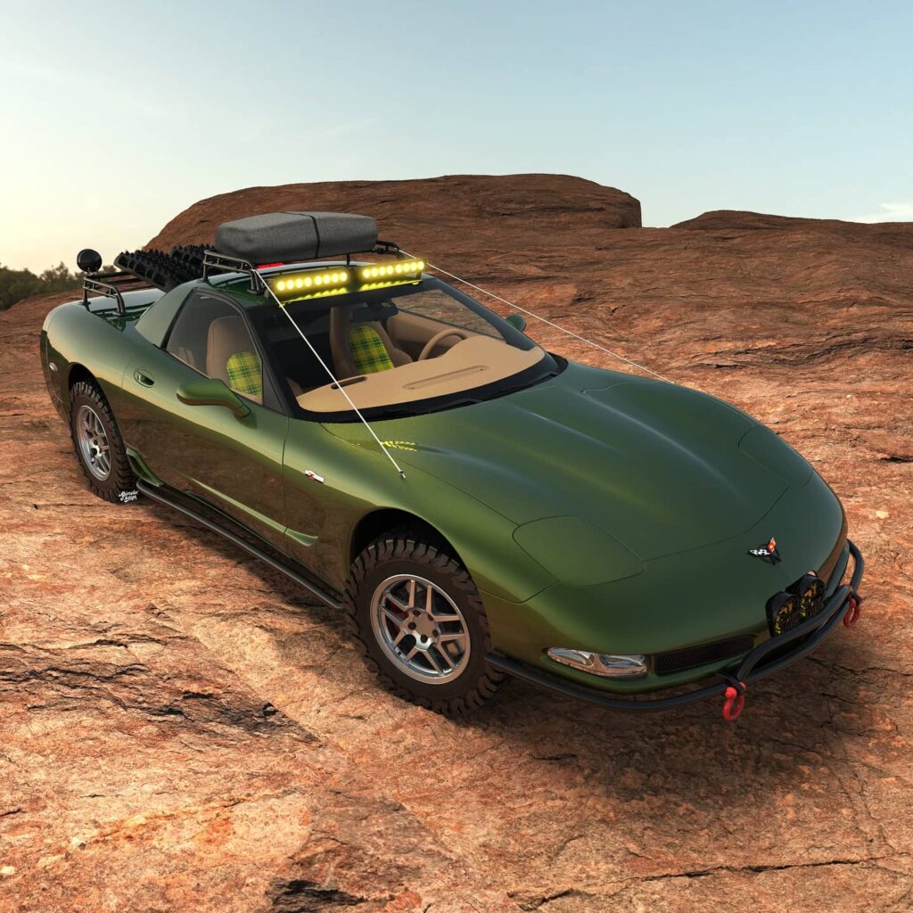 Chevy corvette with a custom roof rack and LED lightbar