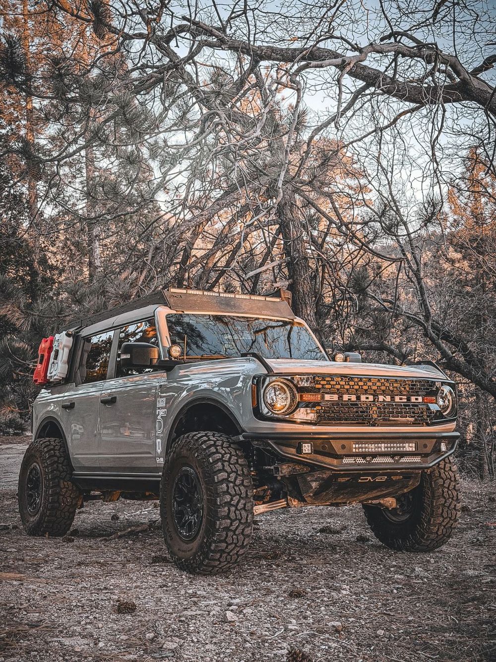 2022 Ford Bronco Wildtrak in gray with a DV8 front bumper on a rocky forest trail