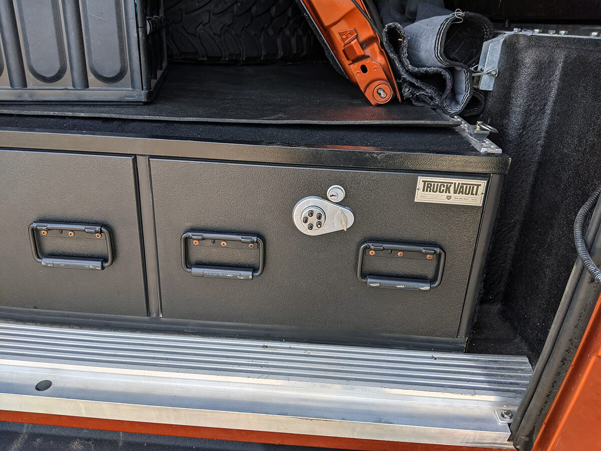 Lockable Truck Vault storage cabinets in the bed