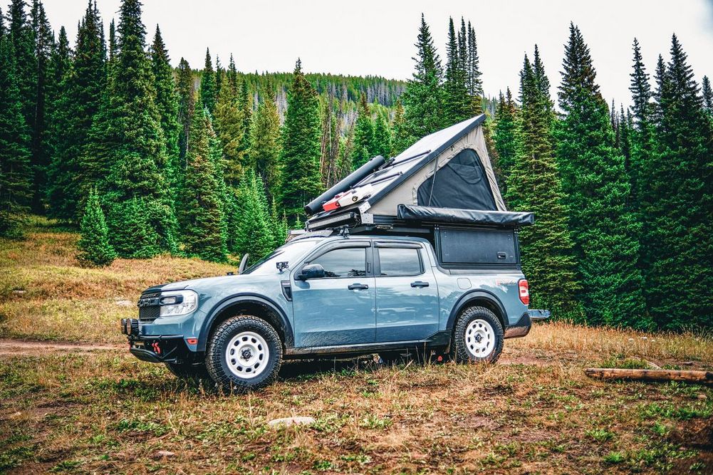 Ford Maverick FX4 overland truck with Packout camper shell and rooftop tent