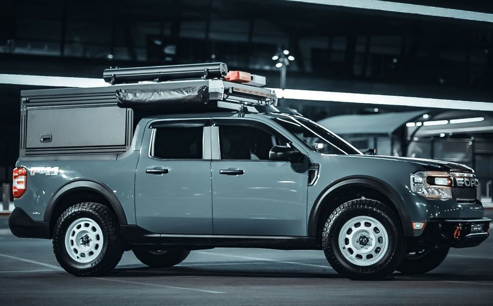 Ford Maverick FX4 with Packout camper shell featuring integrated rooftop tent for overland adventures