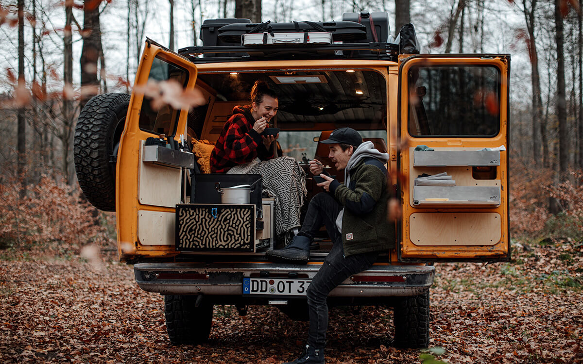 Custom van life setup with kitchen