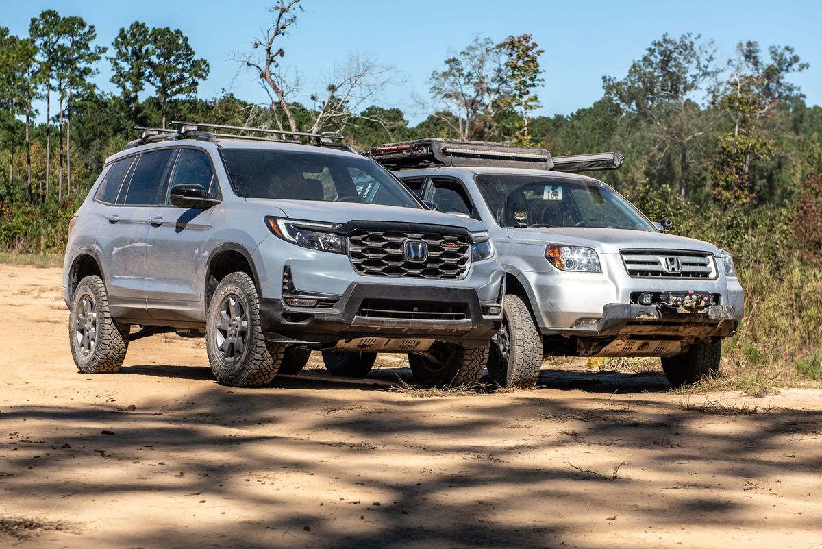 Aaron's modified 2024 Honda Passport TrailSport parked alongside his first-gen Honda Pilot off-road build