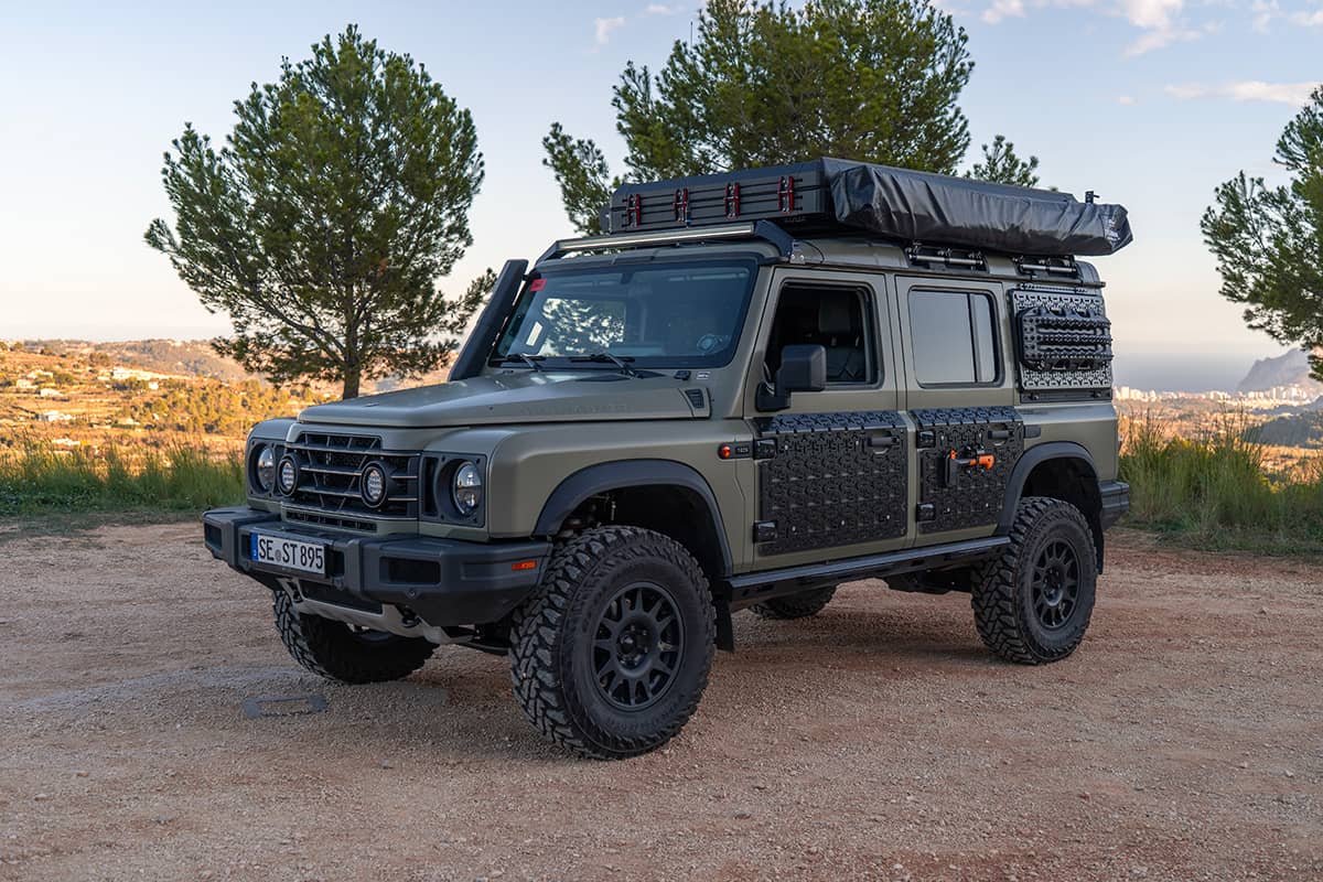 Khaki Green Ineos Grenadier overland build with Bushcompany 270 side awning bat wing