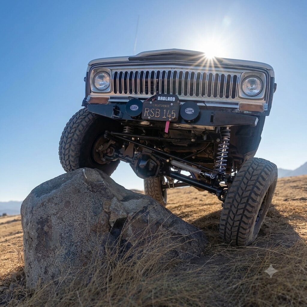 Dana 60 front axle visible under a lifted Cherokee SJ Chief balanced on a boulder