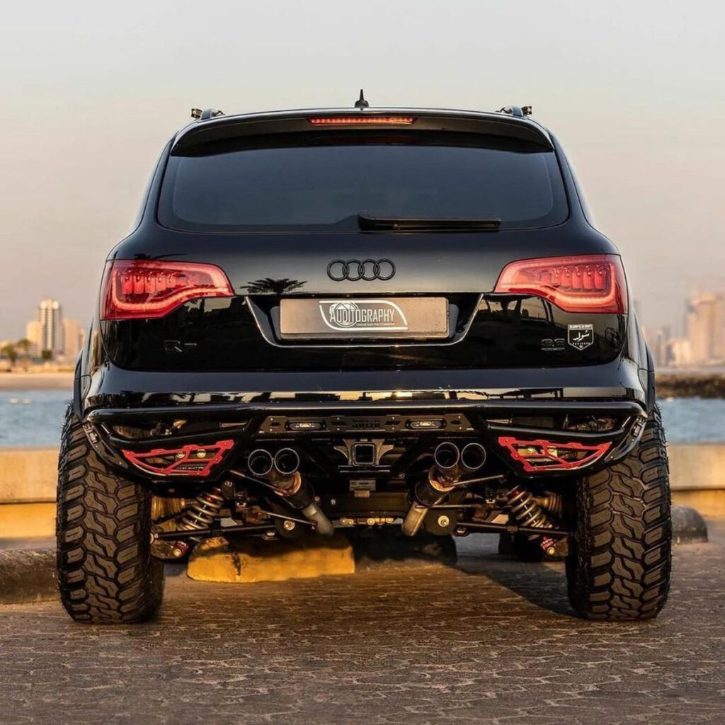 Audi Q7 with lifted rear suspension and custom tubular bumper