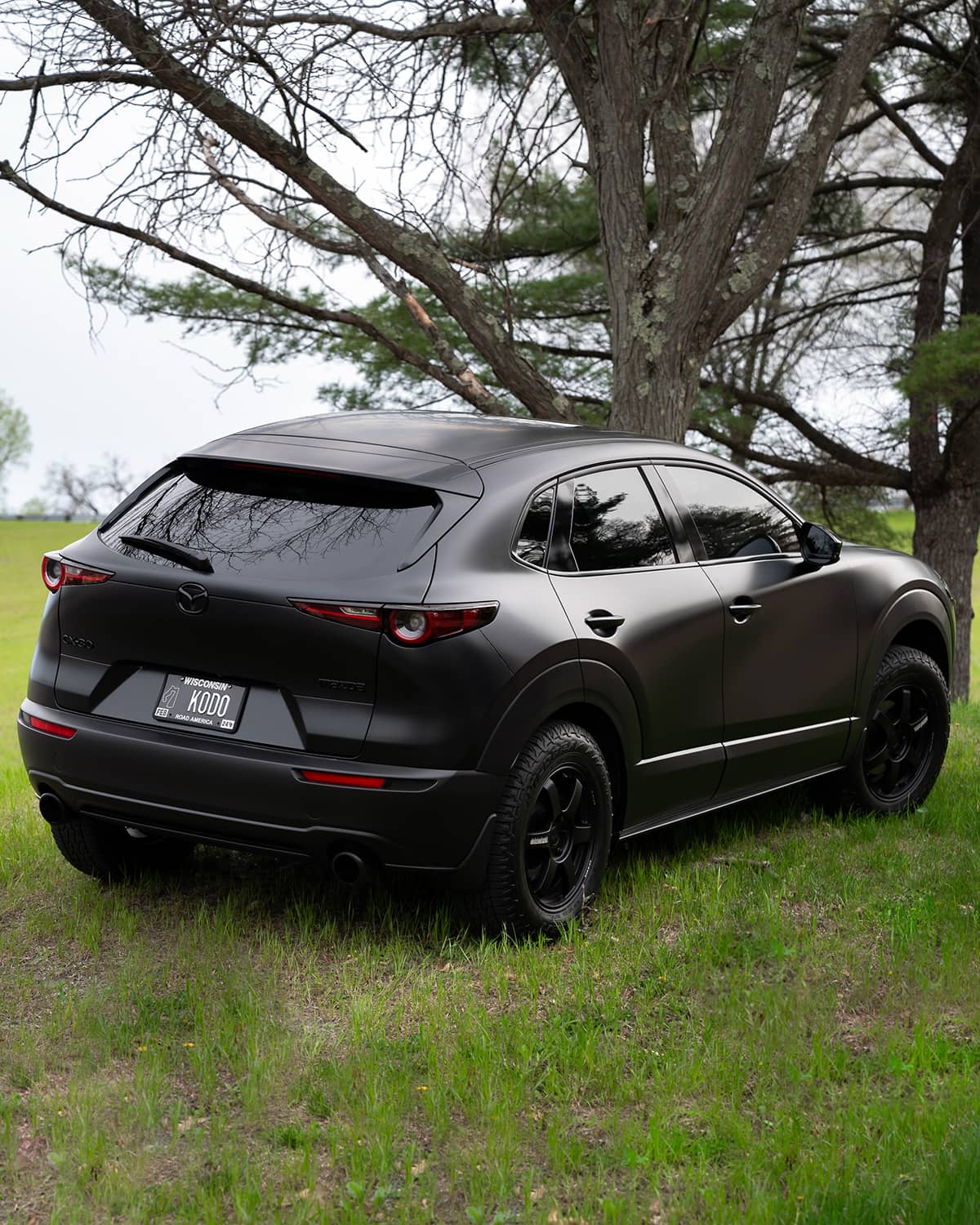 Matte Black Mazda CX30 with Roof Rack delete and black tires