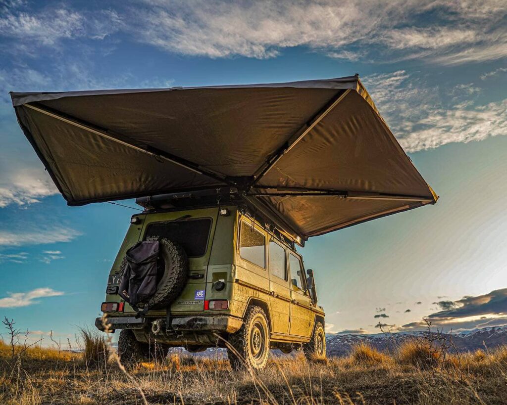 Mercedes G wagen with Lucas Creek 270 degree FanTail overland awning