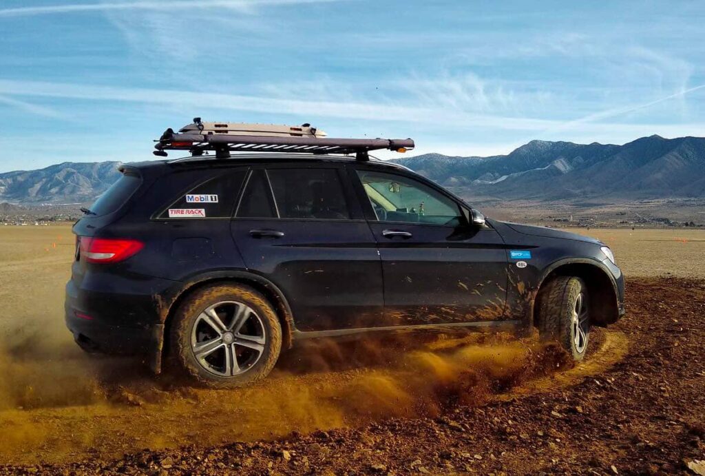 Driving in the dirt in a lifted Mercedes GLC300 equipped with Nitto Nomad Grappler A/T tires