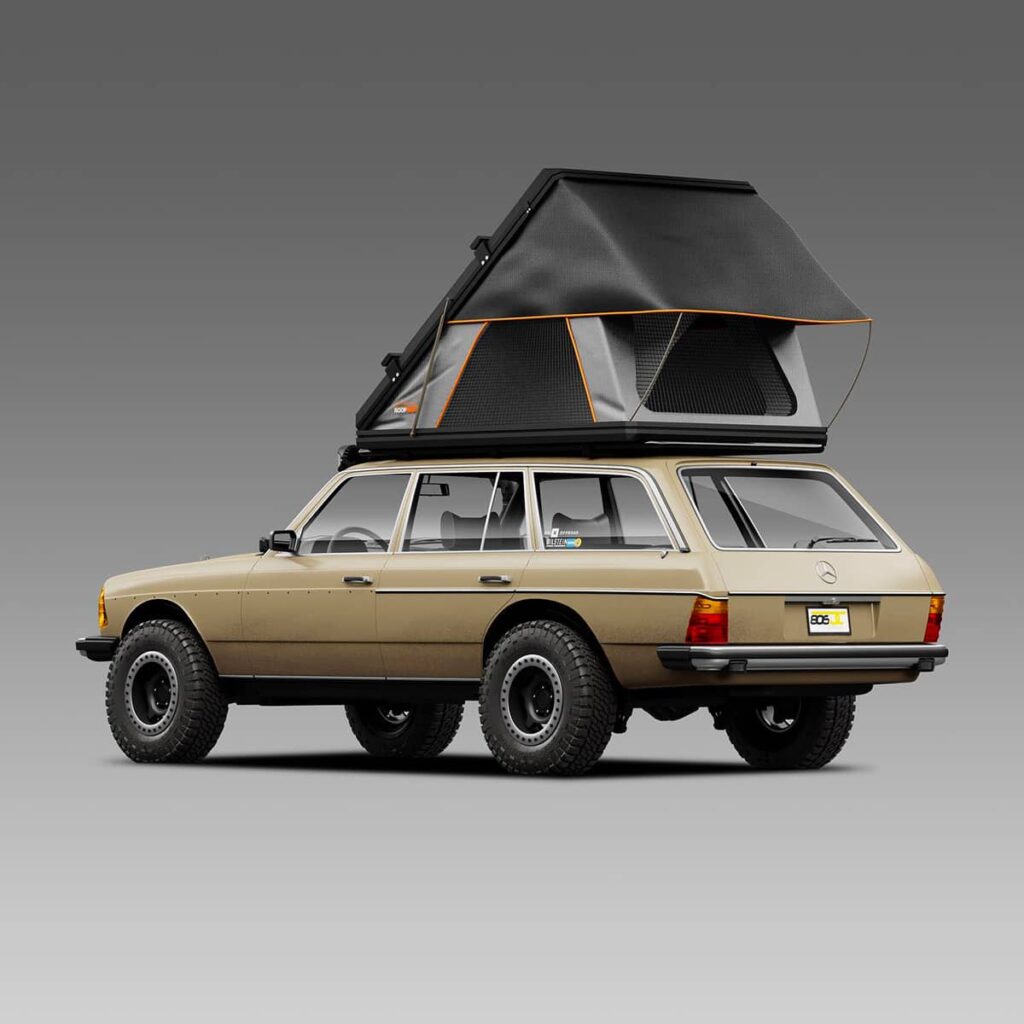 Mercedes 300D station wagon with a roof top tent