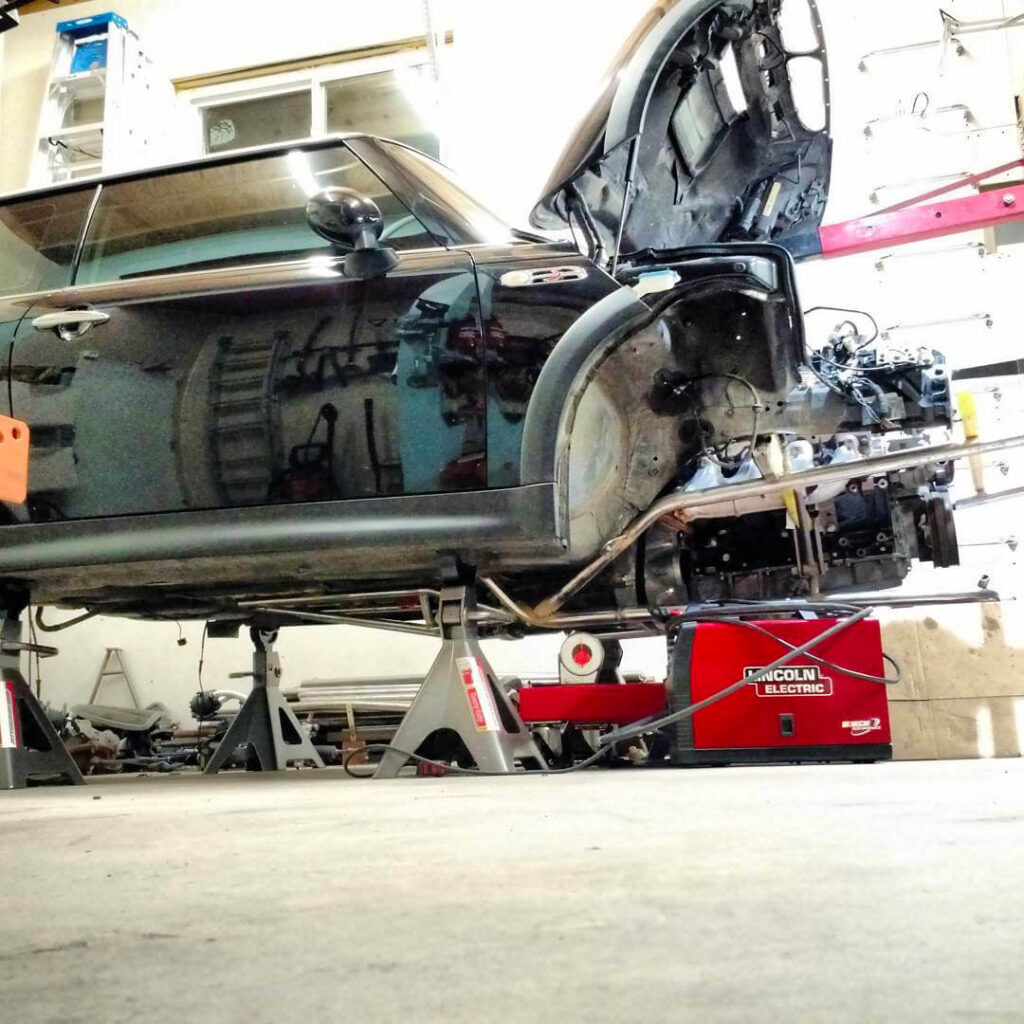 Mini cooper with a custom subframe for a t56 transmission and a V8 LS motor