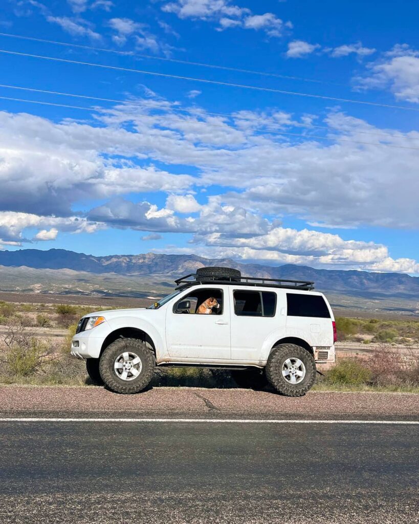 White Nissan Pathfinder R51 with a roof rack