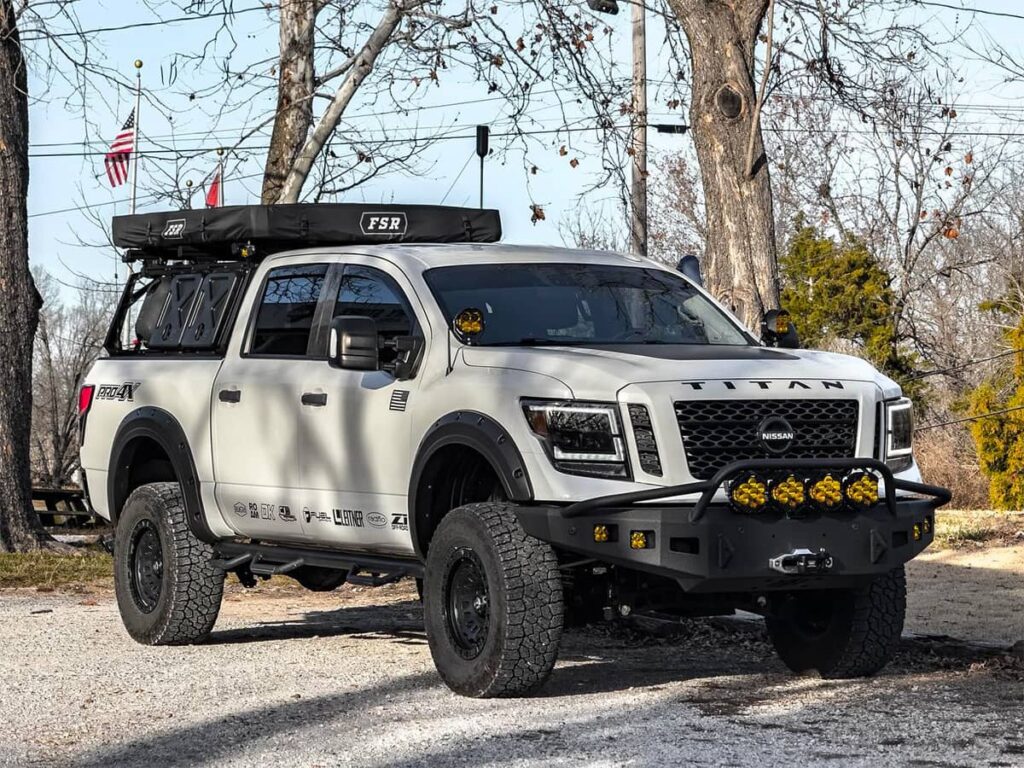 2019 Nissan Titan rocking Leitner Designs FORGED (Active Cargo System bed rack) with overland gear and FSR GOFSR Aspen Lite Rooftop Tent