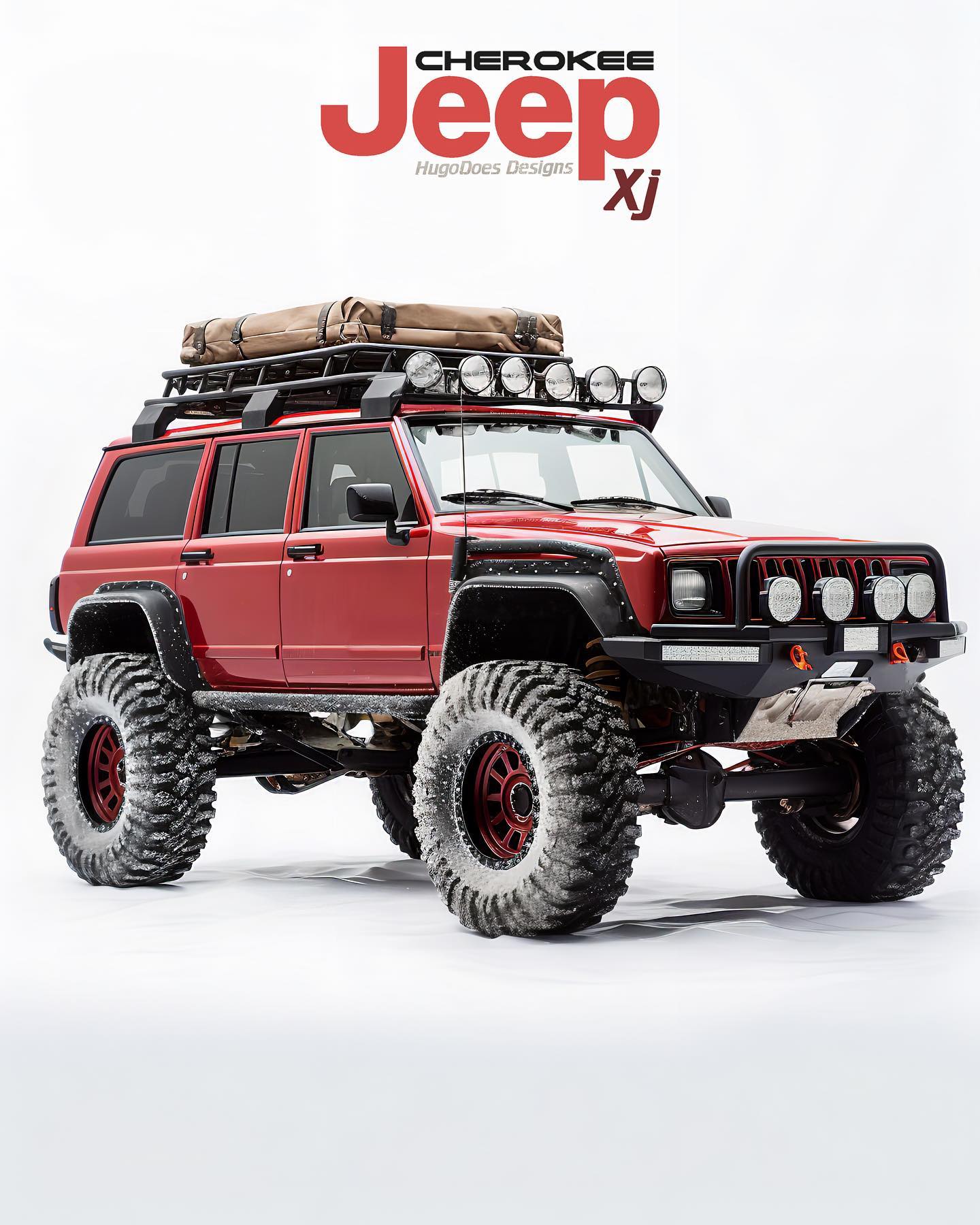 Jeep Cherokee XJ overland render on 37 inch mud tires