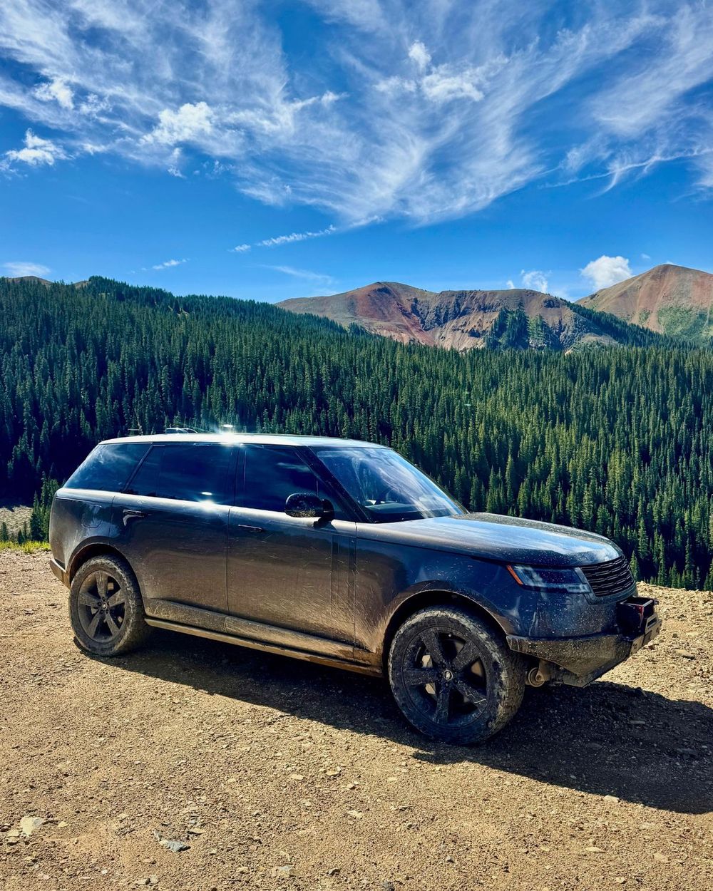 22-inch factory Land Rover Defender wheels on a mud-covered Range Rover L460