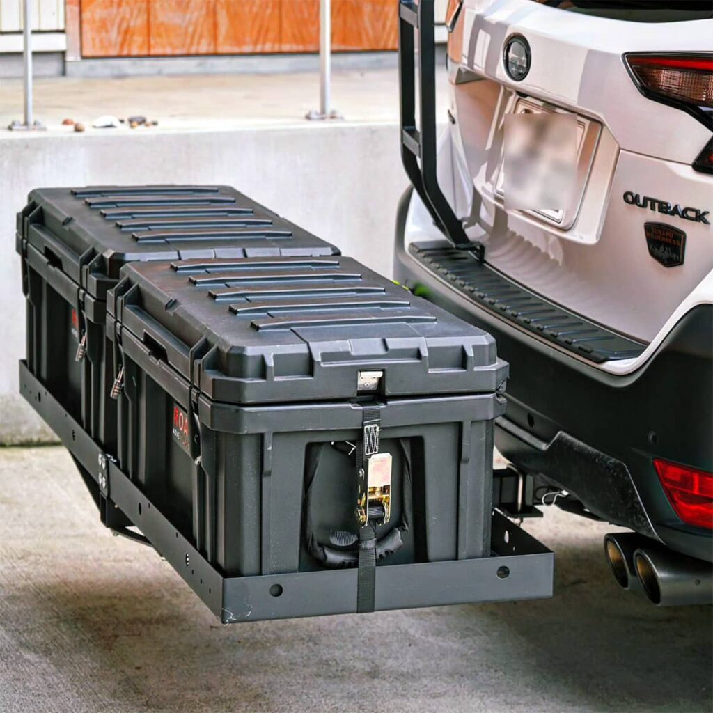 Cargo basket with two storage boxes mounted on a Drawtite Class 2 Hitch