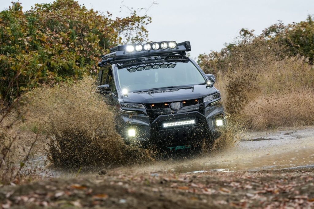 Offroadiung in a modified Toyota Alphard overland van