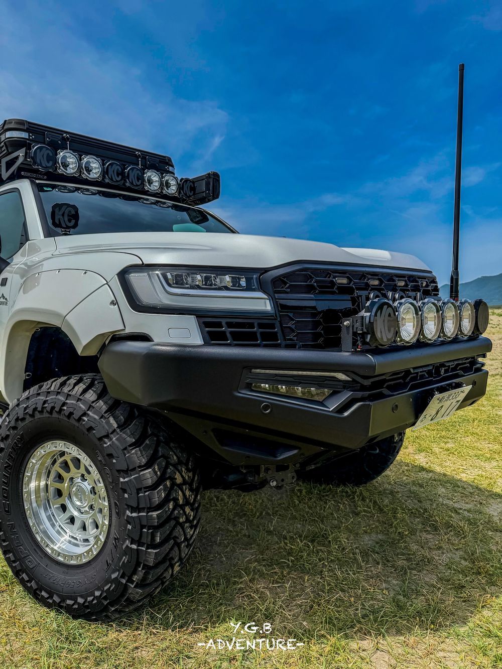 Custom ARB steel front bumper on a lifted Toyota Land Cruiser 300 Series overland build