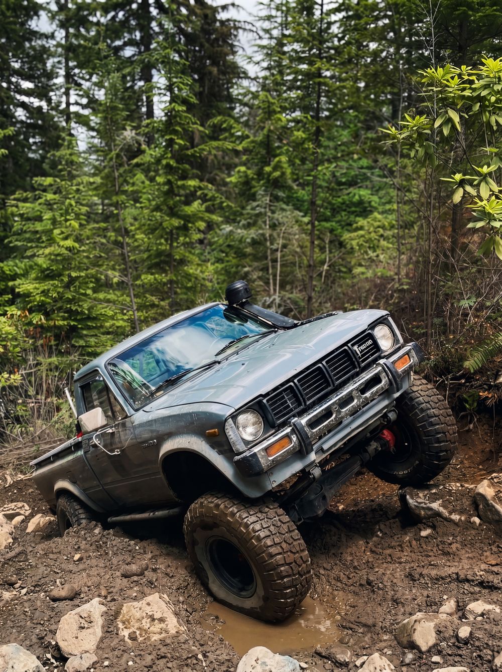Gray 1981 Toyota Hilux crawling rocky mud trail with ARB Air Locker front axle
