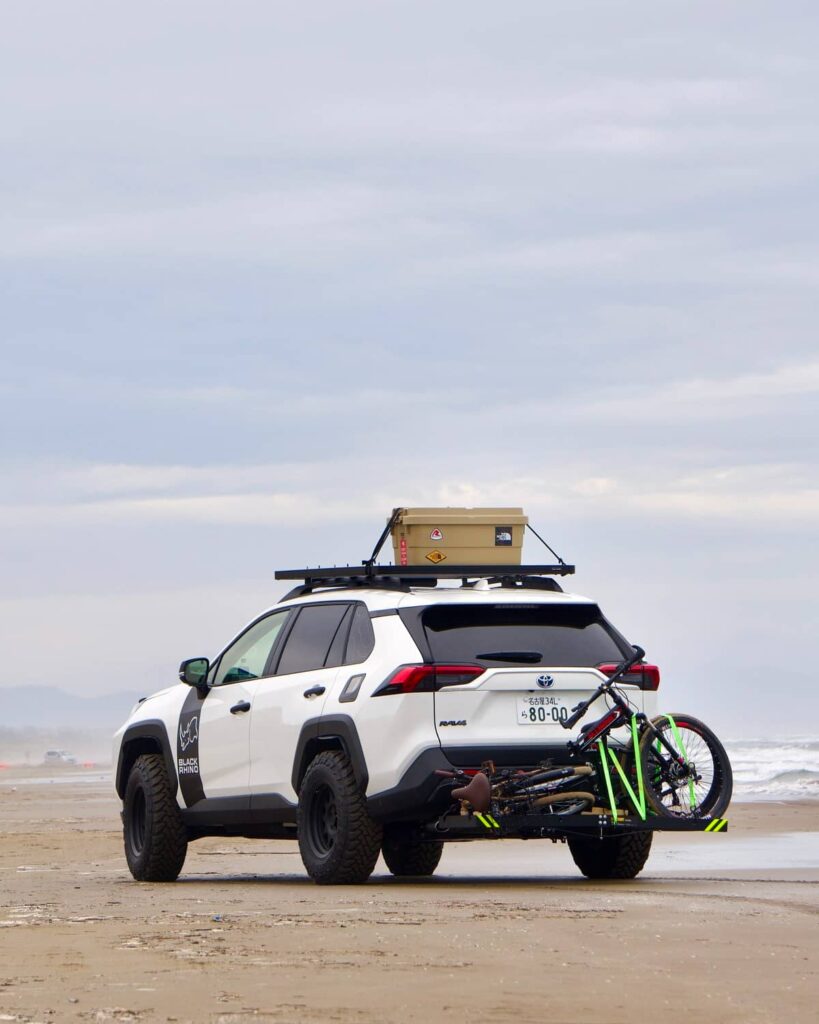 Lifted Toyota Rav4 Adventure with hitch mount cargo basket and bike rack