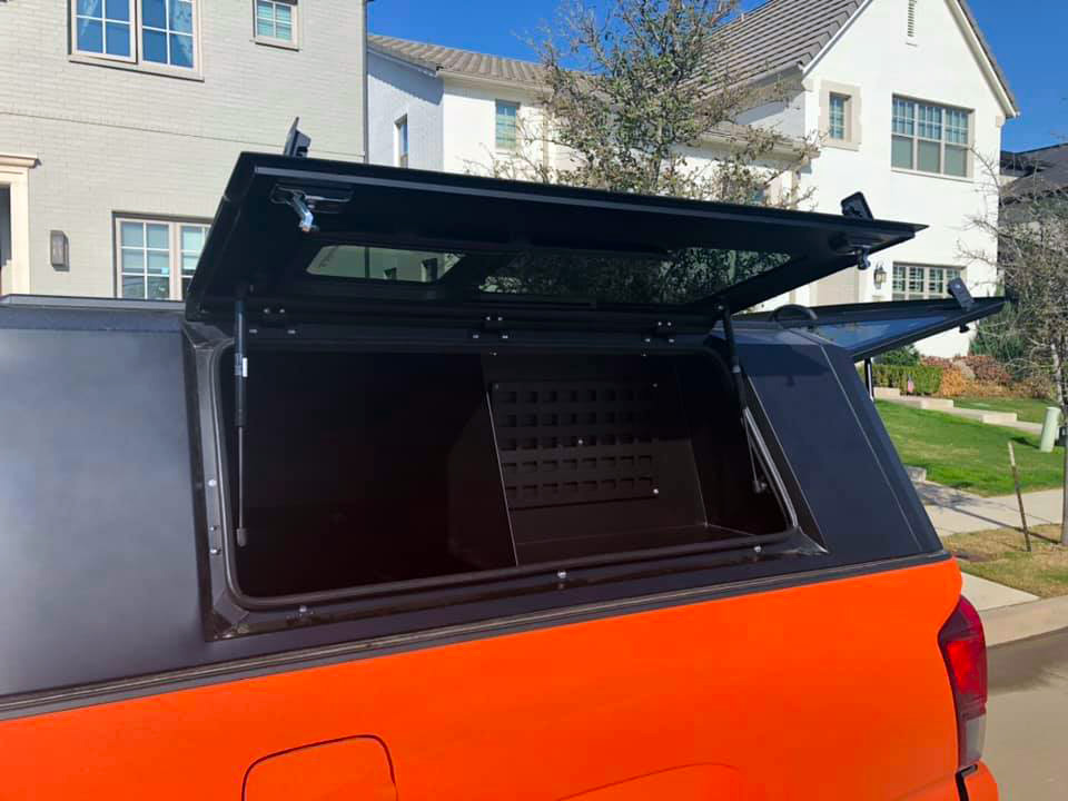 RSI Smartcamp with side bin on 2016 Toyota Tacoma side gull-wing doors easy to reach stuff
