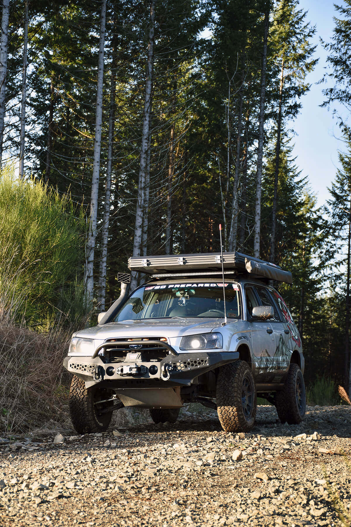 Subaru Forester SG Custom steel off-road bumper and Yakima Slim Shady 78″ Awning