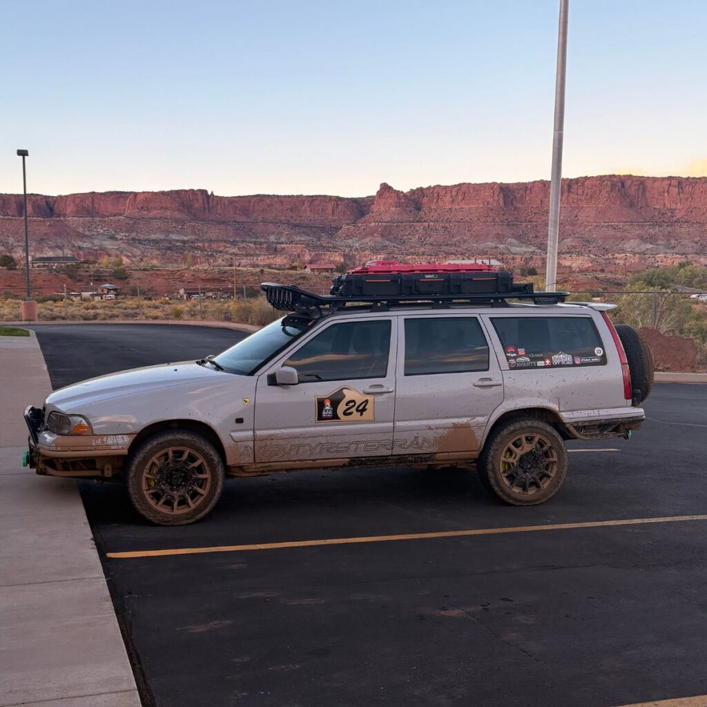 Modified Volvo wagon of off-road adventures with a custom roof rack