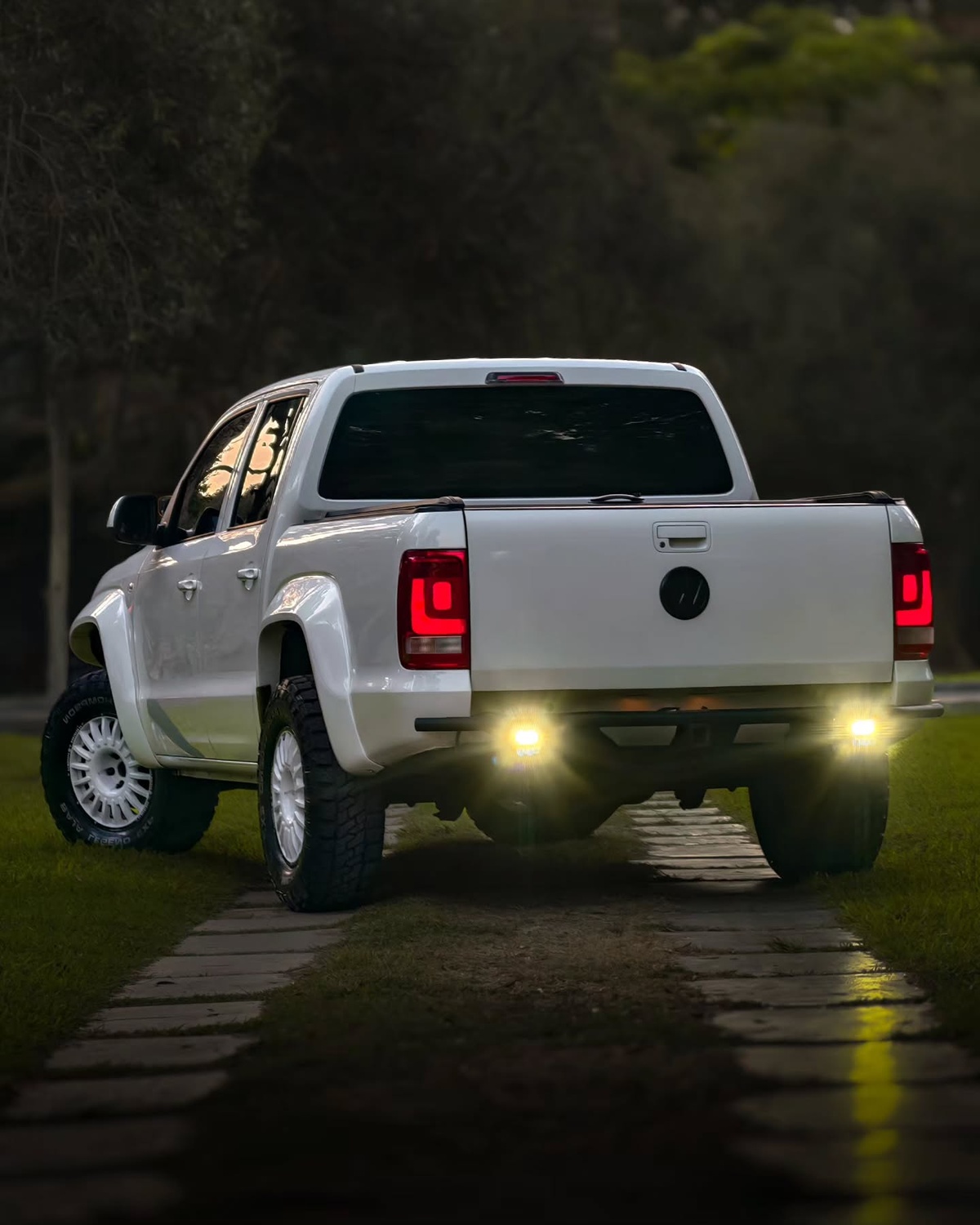 Rear tubular bumper with tow points on a white VW Amarok rally raid build