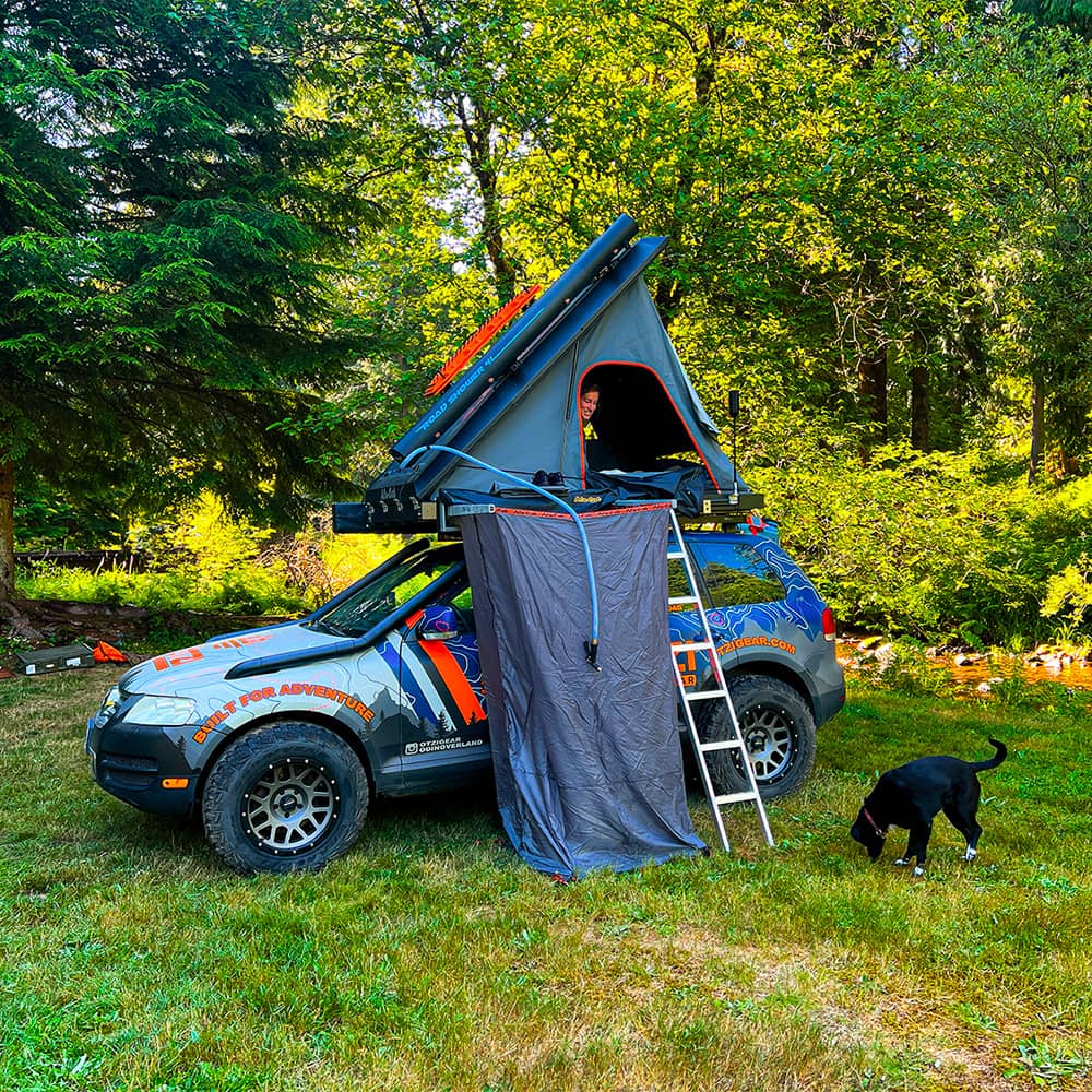VW Touareg Overland camping and shower setup